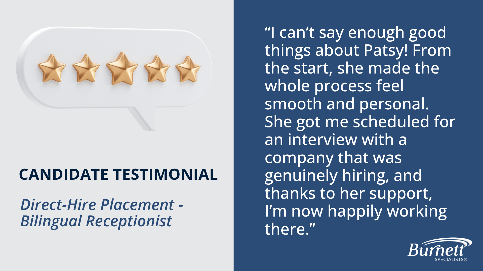 Candidate Testimonial – Direct-Hire Placement, Bilingual Receptionist